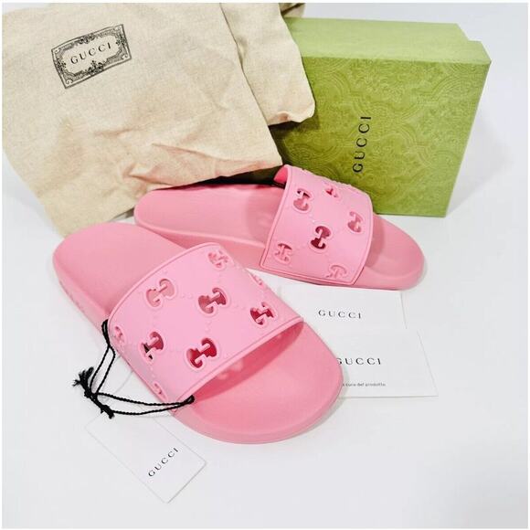 Gucci Sandal Size 39/ 9 Rubber Laser Cut GG Slide Slipper Rose Pink NWB - Picture 6 of 10